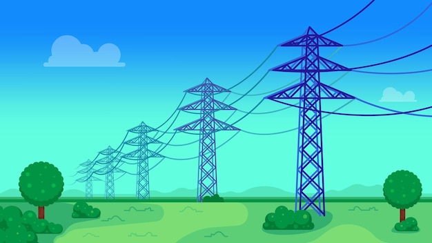 Vector transmission power lines with beautiful landscape vector illustration