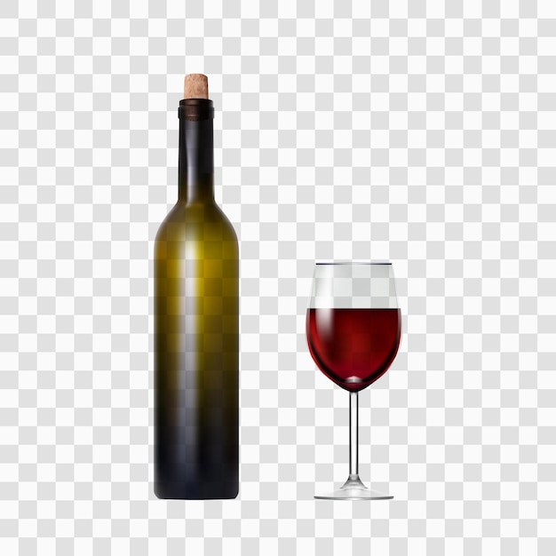 Vector transparent bottle with red wine and glass