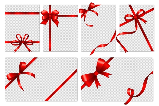 Transparent cards Banners with realistic red bows and ribbon Isolated empty gift flyers or voucher social media stories vector templates