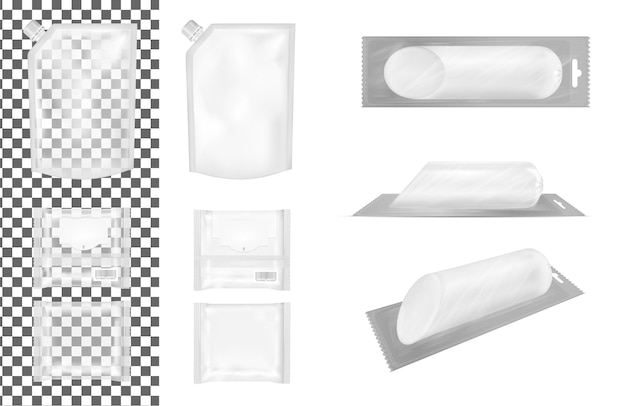 Transparent empty plastic packaging with cap and package with flap for snacks