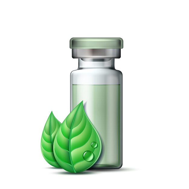 Vector transparent glass ampule with vaccine or drug for medical treatment and two green leaves. pharmaceutical  symbol with leaf for pharmastore, homeopathic and alternative medicine. vector