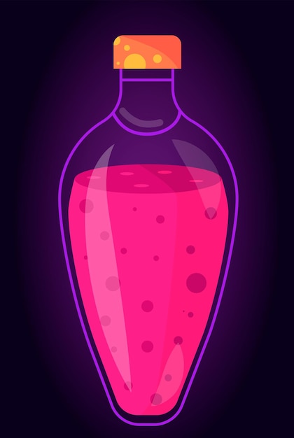 Transparent glass bottle with magic potions. Magic liquid. Vector graphics