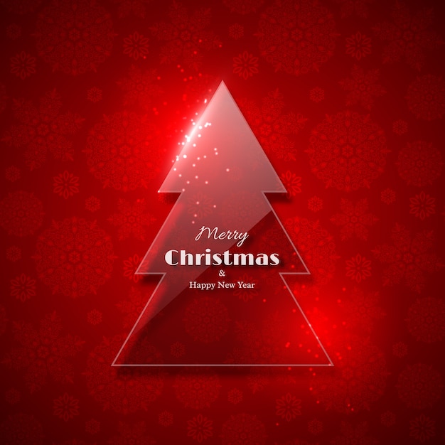 Transparent glass Christmas tree with glowing light, red background, snowflake pattern. Merry Christmas and Happy New Year text.