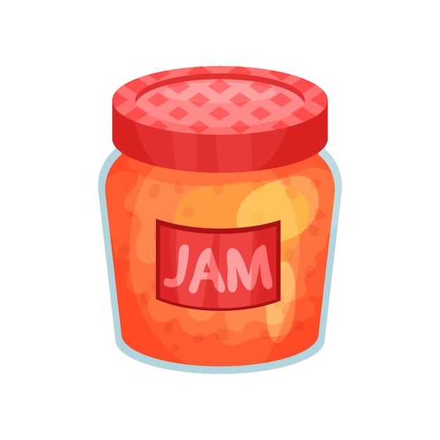 Vector transparent glass jar with apple jam bank with red lid and label delicious fruit marmalade concept of organic farm product cartoon flat vector icon