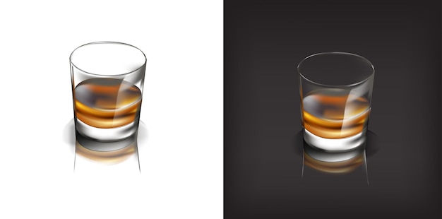 Vector transparent glass of scotch whiskey or rum with ice cubes realistic set