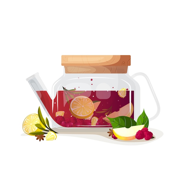 Vector transparent glass teapot with fruit and berry tea