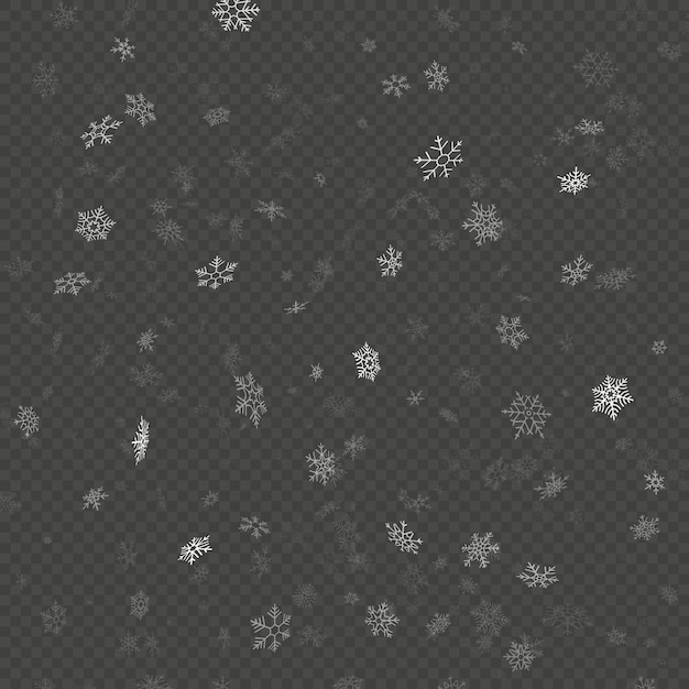 Transparent glitter Christmas eve snowfall effect for Christmas and New Year Design with snowflakes. Falling shining snow in different shapes and forms falling background. 