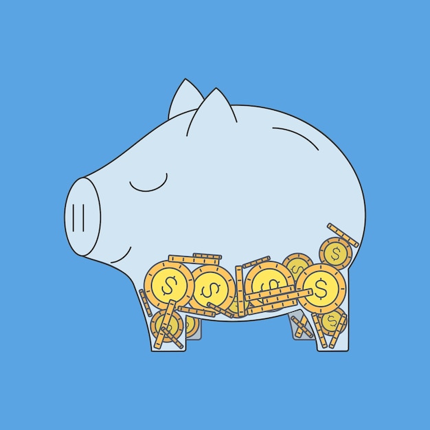 Transparent Piggy Bank with Coins. Pig with cents Dollar symbol. Savings investment personal finance