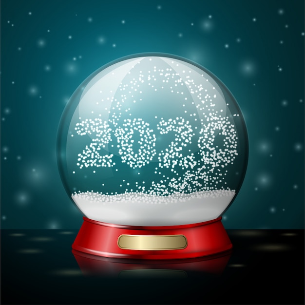 Transparent realistic vector crystal ball with snowflakes in shape of 2020 year