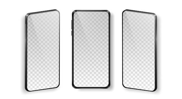 Transparent screen phones template. Mock up of realistic mobile phones in front and perspective view