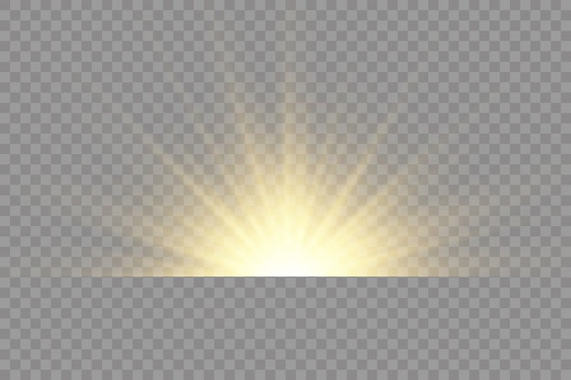 Transparent shining sun, bright flash. Yellow glowing light explodes on a transparent background. Sparkling magical dust particles. Bright Star.