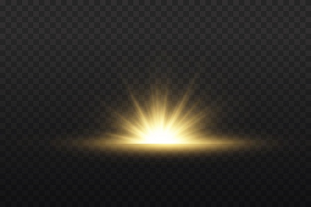 Transparent shining sun. Yellow glowing light explodes on a transparent background.