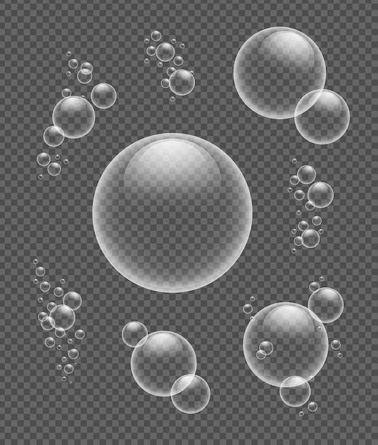 Vector transparent soap bubbles on a dark background.