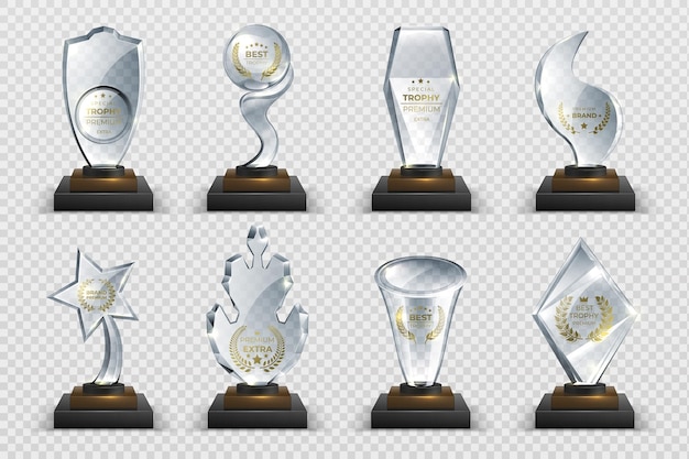 Transparent trophies. Realistic crystal glass awards with text, isolated competition cups stars and prizes. Vector illustration