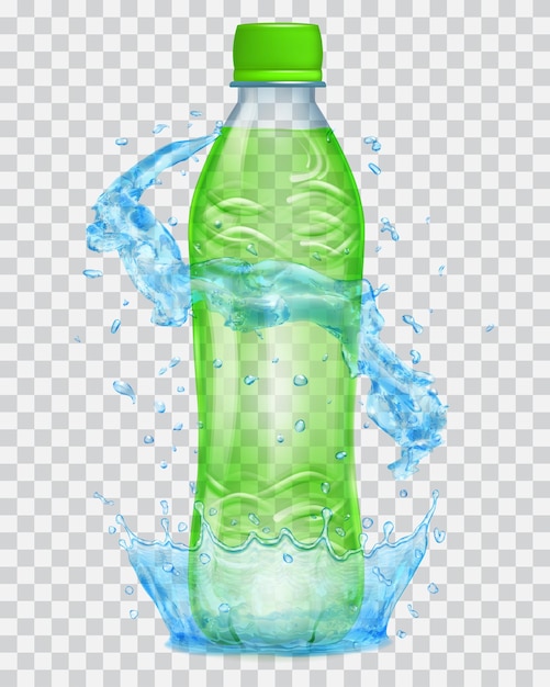 Transparent water crown and water splashes in light blue colors around a transparent plastic bottle with green cap, filled with green juice. Transparency only in vector file