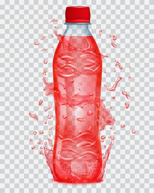 Transparent water splashes in red colors around a transparent plastic bottle with red liquid Bottle with red cap filled with red juice Transparency only in vector file