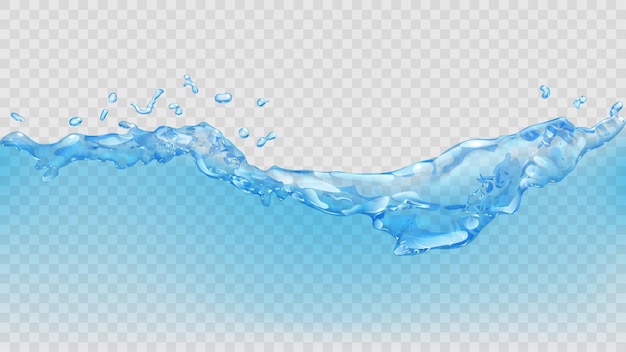 Transparent water wave with splashes and drops in light blue colors, isolated on transparent background. Transparency only in vector file