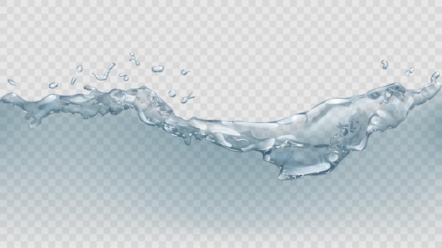 Transparent water wave with splashes and drops in light blue colors, isolated on transparent background. Transparency only in vector file