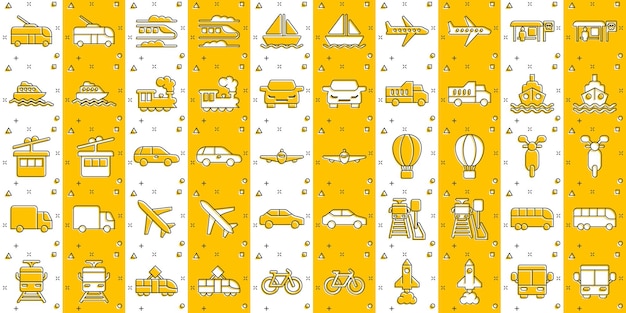 Transport icon set in comic style Car vector cartoon collection illustration on white isolated background Shipping transportation splash effect business concept