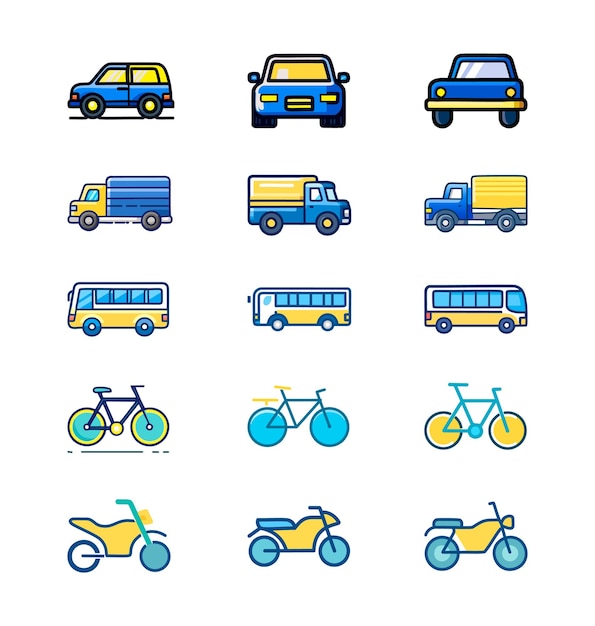 Transport icon set Containing car bike bicycle motorbike bus and truck Solid colorful icons