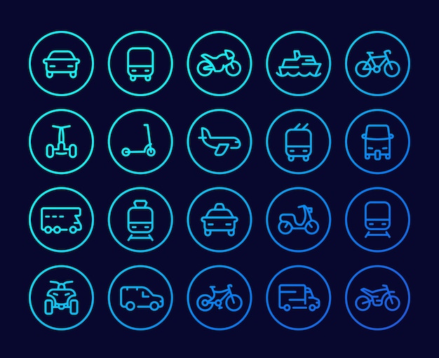 Transport line icons set, cars, van, bike, motorbike, bus, train, airplane, taxi, tuk tuk and quad bike