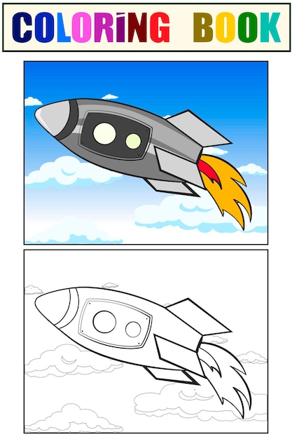 Transport space rocket in the sky Clouds and astronaut vector Cartoon children coloring color