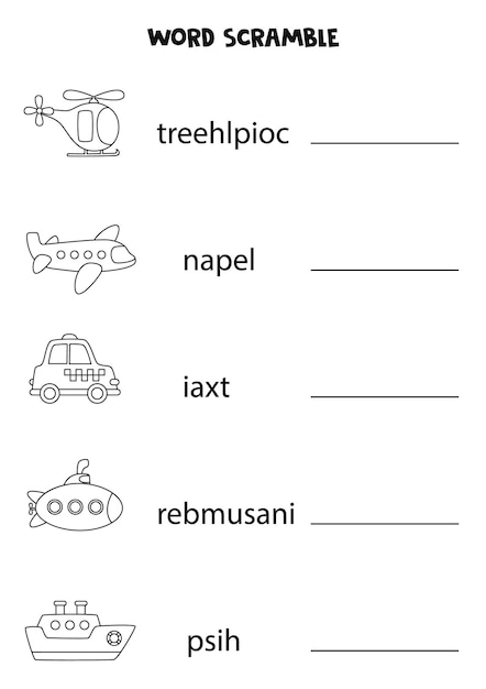 Transport word scramble for kids. Sort letters into correct order. Worksheet for children.