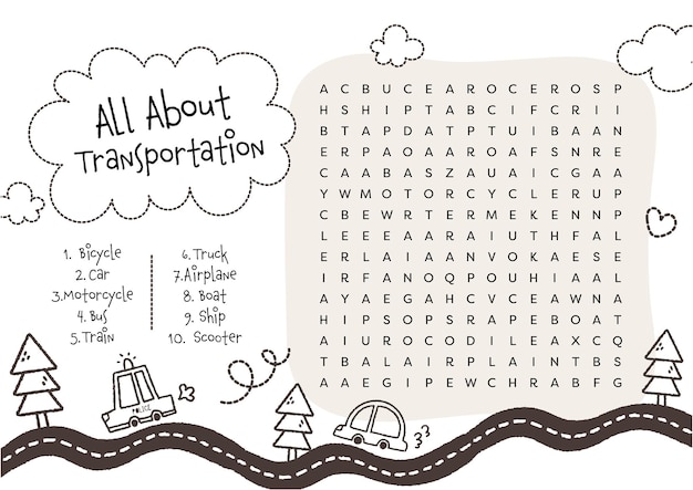 transportation crossword worksheet printable for kids fun education activity