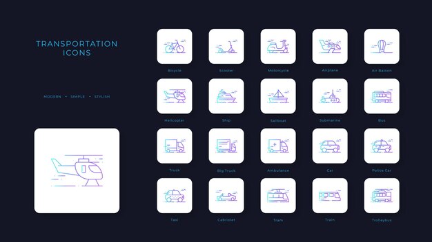 Transportation icon collection with blue gradient outline style Vehicle symbol transport line outline travel automobile editable pictogram isolated flat Vector illustration