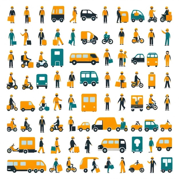 Transportation icons and peoplerelated graphics vector set White background isolated a h