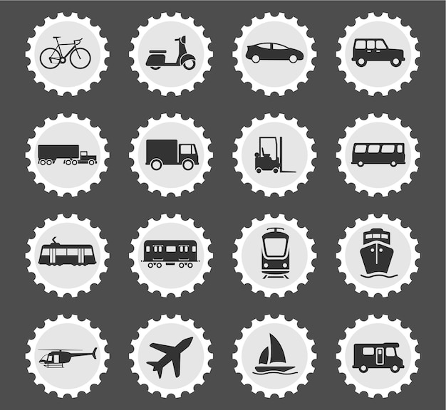 Transportation icons on stylized round postage stamps