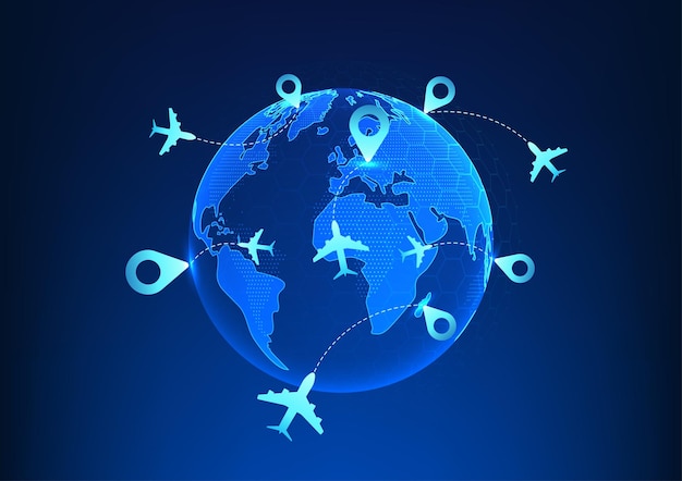 Transportation and logistics business technology Airplane pins on globe to deliver good