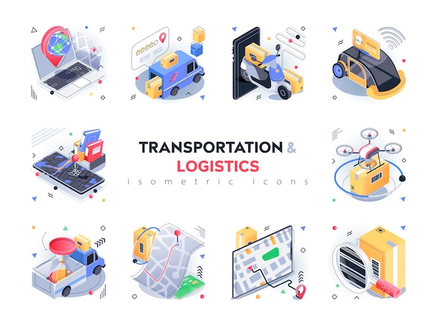 Transportation and logistics isometric icons set Global delivery service storage of parcels