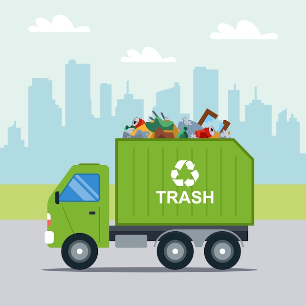 transportation of municipal waste in a municipal green truck illustration