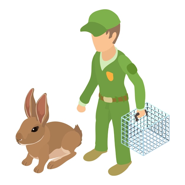 Vector trapping pet icon isometric vector man in uniform with cage in hand near rabbit capturing domestic animal