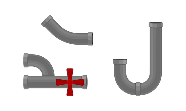 Traps as Shaped Pipe and Plumbing Fixture with Red Valve Vector Set