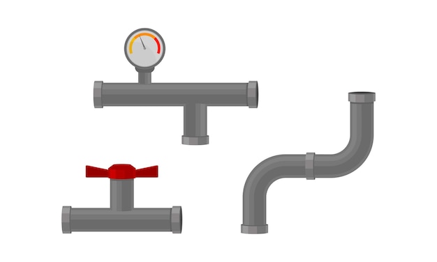 Traps as Shaped Pipe and Plumbing Fixture with Red Valve Vector Set