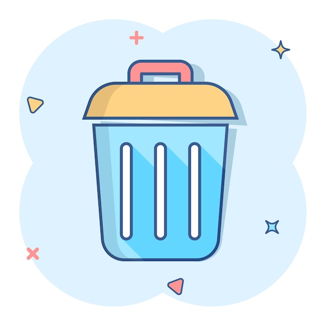 Trash bin garbage icon in comic style Trash bucket vector cartoon illustration pictogram Garbage basket business concept splash effect