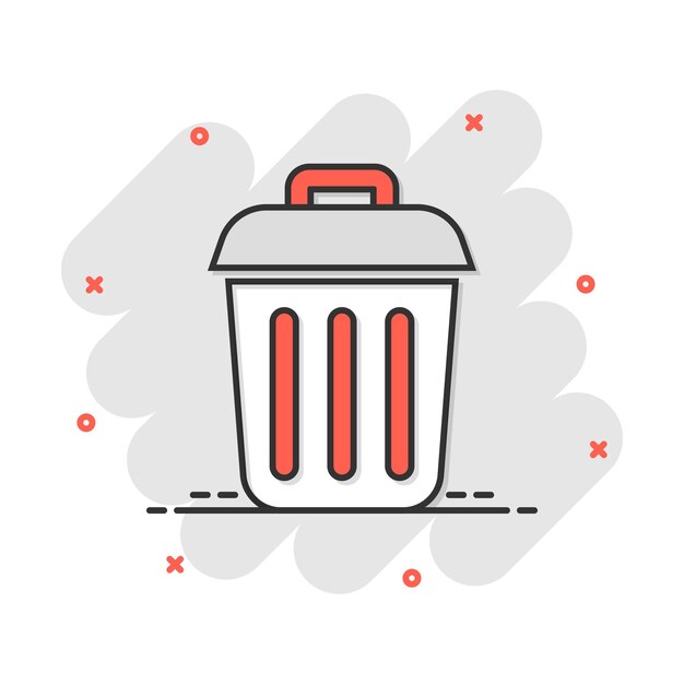 Trash bin garbage icon in comic style Trash bucket vector cartoon illustration pictogram Garbage basket business concept splash effect