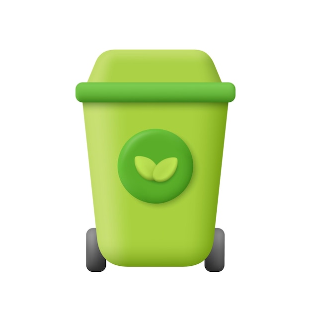 Trash can waste bin with plant leaf or recycling symbol 3d vector icon Cartoon minimal style