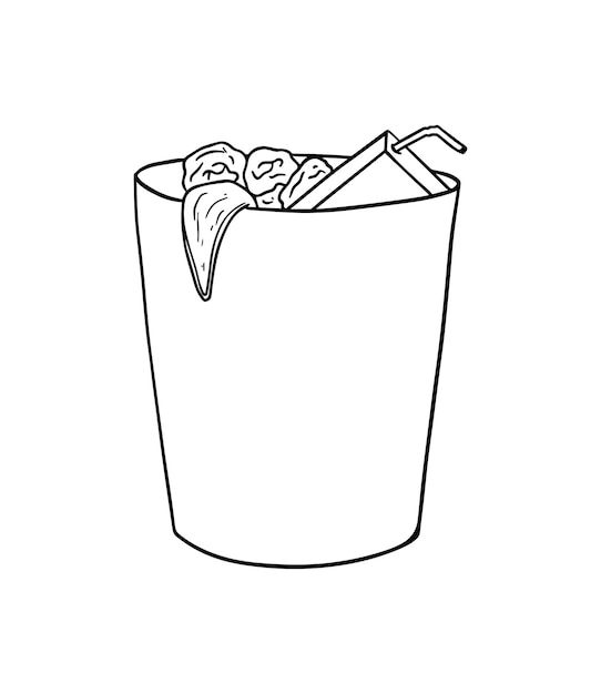 Trash can with juice box banana peel crumpled paper doodle line cartoon coloring