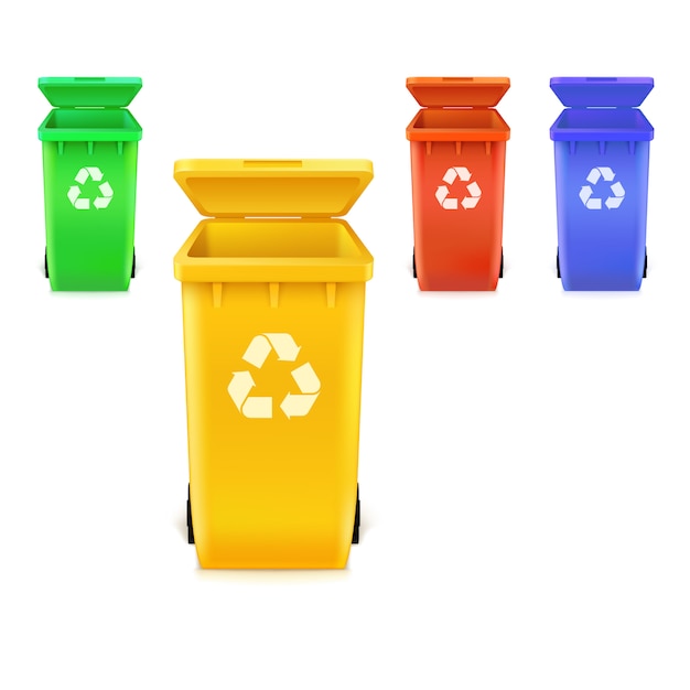 Trash cans different colors with icons for recycling products