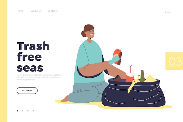 Trash free sea concept of landing page with girl volunteer in rubber gloves pick up litter at beach