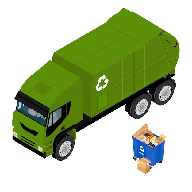 Vector trash garbage can with sorted paper garbage and garbage truck recycling garbage separation