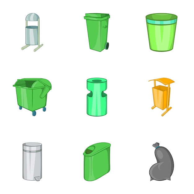 Trash icons set, cartoon style