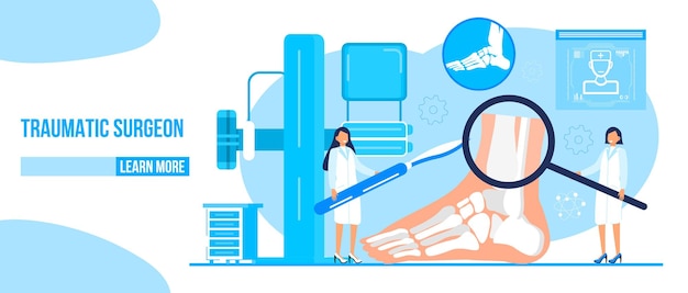 Traumatologist concept vector for landing page banner The surgeon puts cast on the lower leg Doctors treat rheumatism osteoarthritis arthritis They make x ray scan