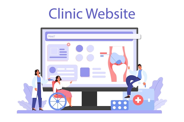 Traumatologist online service or platform Injured limb broken bone or sprain Bondage and cast application Clinic website Vector illustration