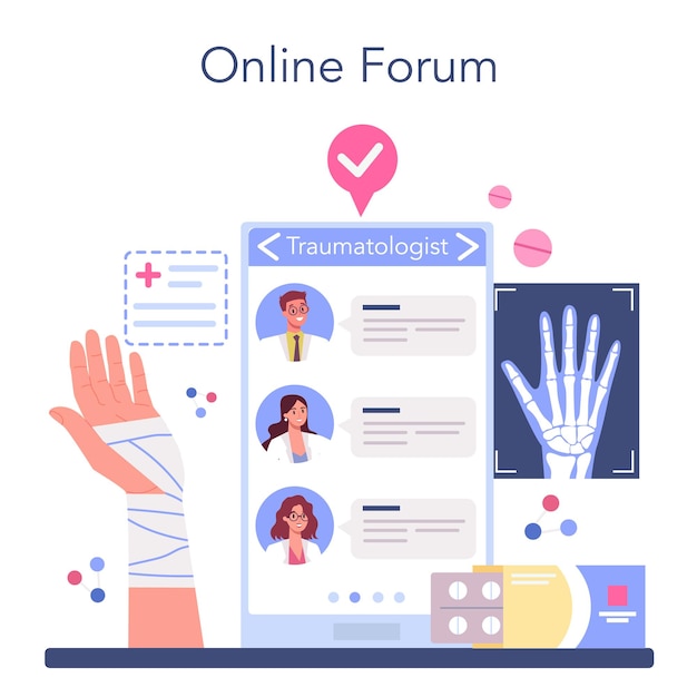 Traumatologist online service or platform Injured limb broken bone or sprain Bondage and cast application Emergency help Online forum Vector illustration