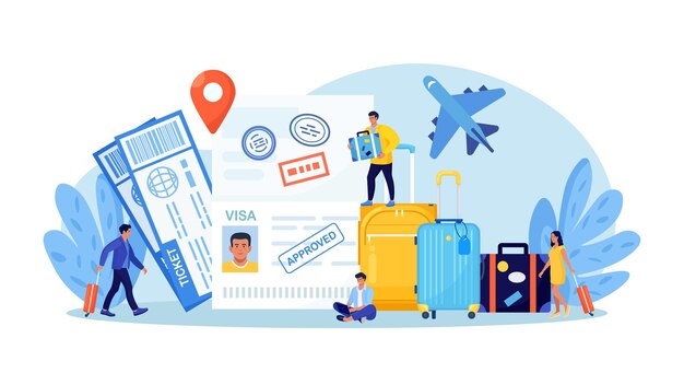 Vector travel abroad international vacation or emigration procedure opened passport with valid visa stamps people getting document for leaving country vacation trip offer journey and tourism concept