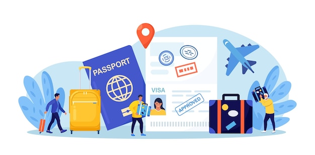 Vector travel abroad international vacation or emigration procedure opened passport with valid visa stamps people getting document for leaving country vacation trip offer journey and tourism concept